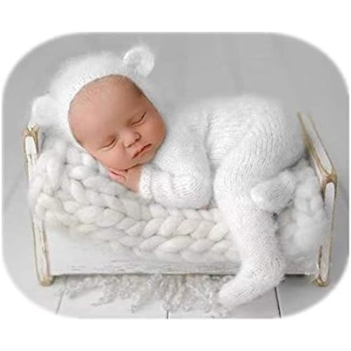 Vemonllas Newborn Photography Props Boys Girls Outfits Mohair Bear Hat Bonnet & Footed Romper Bodysuit Photoshoot Costume Set
