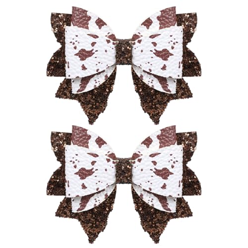 2 Pack 3.5-Inch Glitter Sparkly Brown Cow Hair Bow Clips for Western Cowgirls Cute Moo Cow Alligator Hairpins Barrettes Toddler Teens Women Kids Birthday Party Decorations Gift
