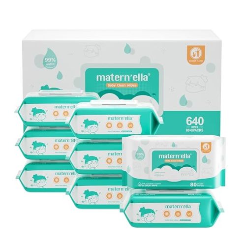 Toallitas húmedas para bebés MATERN'ELLA, toallitas húmedas para pañales para pieles sensibles, toallitas húmedas con un 99 % de base de agua, hipoalergénicas, seguras y suaves, 8 paquetes con tapa abatible (640 toallitas en total)