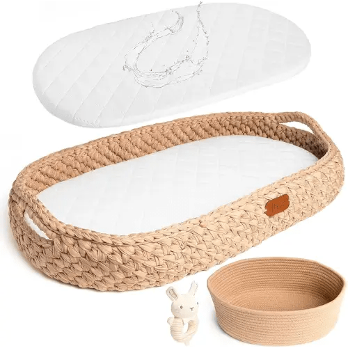 Handmade Baby Changing Basket Set with a Soft Changing Pad and Waterproof Cover,Diaper Organizer,Rattle Shaker, Moses Basket, Changing Table Topper for Dresser| Boho Bassinet, Handmade Crochet Basket