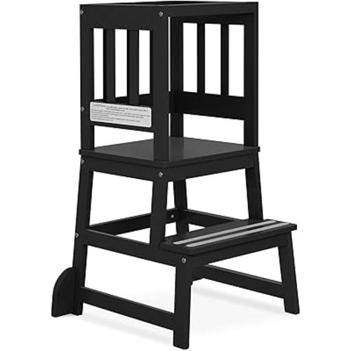 Dream On Me 2-in-1 Funtastic Tower and Step Stool, Easy to Assemble, Multi-Purpose Stool with Non-Toxic Paint Finish, Made of Solid Pinewood, Black