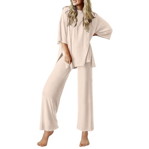Ekouaer Lounge Sets for Women Short Sleeve Tops and Long Pants Soft Comfy Pajamas Set 2 Piece Outfits S-XXL