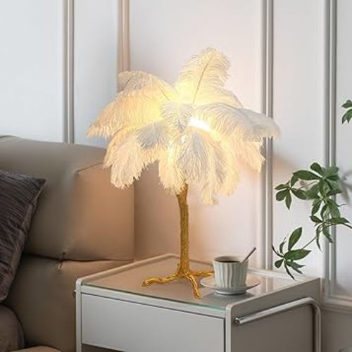 ZYLEISENBAO White Bedside Lamp Ostrich Feather Desk Lamp Gold Resin Ostrich Feather Table Lamp, Girls Gift Romantic Bedroom Lamp Wedding Decoration, Gift for Best Friend Bedside Light G4*3