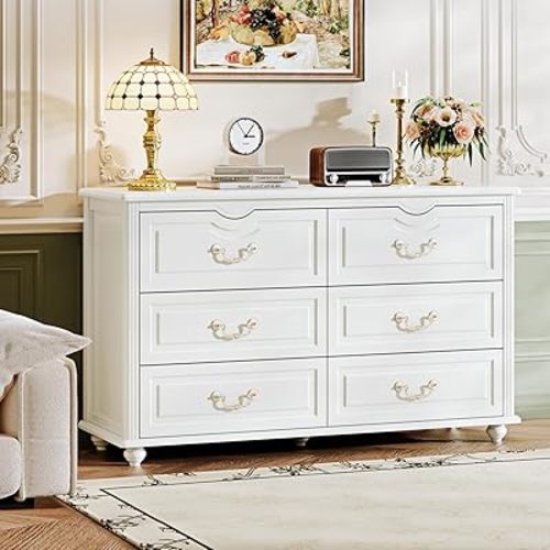 Modern 6 Drawers Dresser Chests for Bedroom,TV Stand,47.2 Wide Chest of Drawers with Handle,Clothes Organizer,Large Storage Cabinet for Living Room,Hallway,with Anti-Tipping Device,White