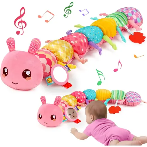 Baby Girls Toys 0-6 Month Music Animal Stuffed Caterpillar Toy for Infant 0-3 3-6 Months with Mirror Crinkle Rattle Tummy Time Sensory Toys for 3 4 5 6-12 Month Old Newborn Baby Shower Birthday Gifts