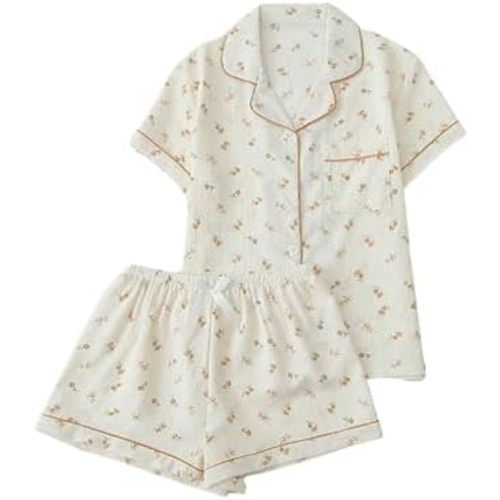 Verdusa Pajamas For Women Set 2 Piece Summer Pajama Sets Cute Pjs Lounge Matching Button Shirt with Shorts