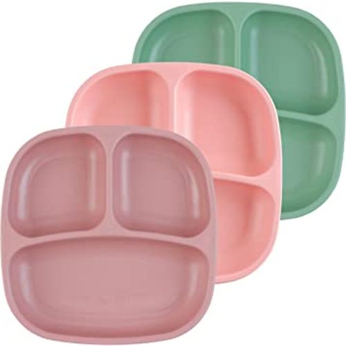 Re Play 7" Divided Toddler 3 Pack Plates with Deep Sides and Three Compartments for Easy Self Feeding | BPA Free | Dishwasher Safe | Desert Roses