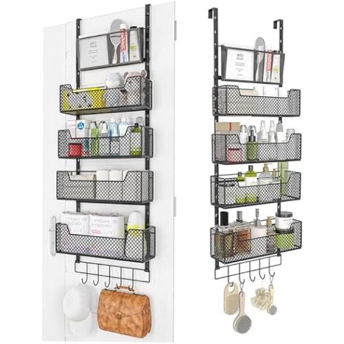 Adjustable Over The Door Organizer, Heavy Duty Hanging Door Storage with 4 Metal Baskets and PVC Pocket, Behind Door Organizer for Bathroom Closet Bedroom Pantry Cabinet, Black