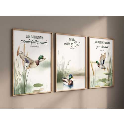 Duck Wall Art Set of 3 – Bible Verse Prints with Mallard Ducks – Christian Nature Nursery or Rustic Cabin Decor, kids room decor, baby room