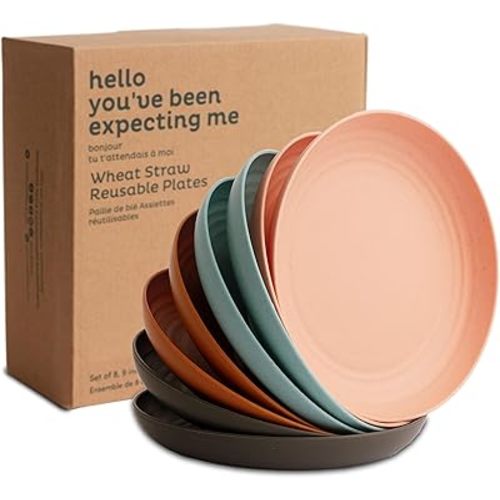 Nook Theory Reusable Wheat Straw Plates 8 Pcs - Non Toxic Kids and Toddler Plate, Microwavable, Dishwasher Safe and Unbreakable Dinnerware (Oasis 9")