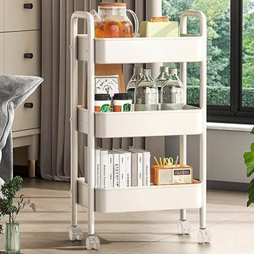 3 Tier Metal Rolling Utility Cart with Handle, Detachable Storage Organizer with Wheels for Kitchen, Living Room, Office, Garage (White, 3 Tier)