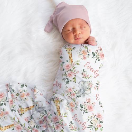 Custom Safari Swaddle, Personalized Baby Gift, Giraffe Swaddle, Pink Flowers Baby Name Blanket, Baby Girl Elephant Swaddle, Baby Shower Gift