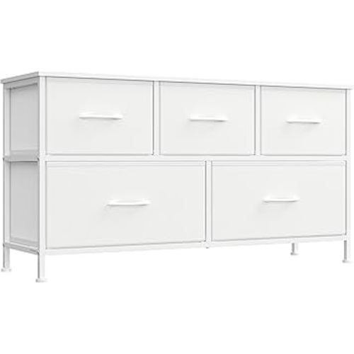 SONGMICS Dresser for Bedroom, Chest of Drawers, Steel, MDF, 5 Non-Woven Fabric Drawers, Storage Organizer Unit, Closet, Entryway, Cloud White and Snow White ULGS322W01S