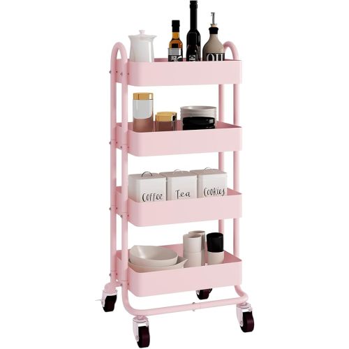 4-Tier Pink Rolling Cart,Metal Utility Rolling Cart with Handle,Multifunction Rolling Carts with Wheels,Kitchen Storage Carts Suitable for Office,Home,Kitchen,Garden(13.4"x18.1"x40") Pink