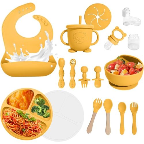 Baby Led Weaning Supplies, 17 Piece BPA-Free Silicone Feeding Set, Eating Essentials Baby Utensils with Suction Plate and Bowl, Pocket Bib, Sippy Cup with Lid, for 6+ Months, Yellow