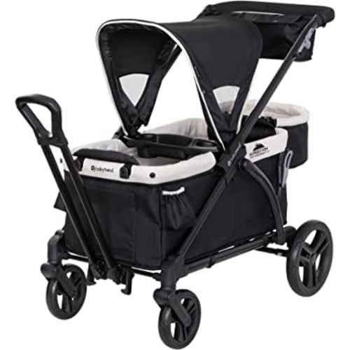 Baby Trend Expedition 2-in-1 Collapsible Stroller Wagon Plus with Canopy, Storage Basket, 2 Storage Trays, and 6 Bottle Holders, Modern Khaki