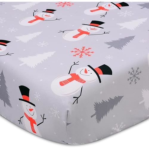 Christmas Crib Sheet, Fitted Crib Sheet with Christmas Snowman, Snowflake, Pine Tree, Measuring 52'' x 28'' to fit Standard Crib & Toddler Mattresses, Gray