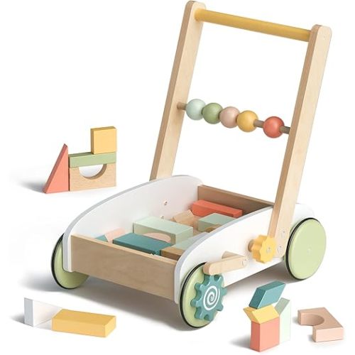 ROBUD Wooden Baby Push Walker, Baby Learning Walking Toys, 1st Birthday 1 2 3 Year Old Boys Girls Gifts, with Wooden Building Block