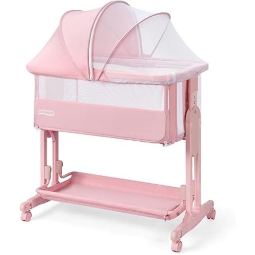 JOYMOR Baby Bassinet Bedside Sleeper, 4 in 1 Rocking Bassinet for Baby, 7 Height Adjustable, Bedside Bed with Wheels Mattress, Mosquito Net, Storage Basket for Infant