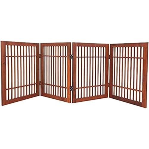 Pet Dog Gate Strong and Durable Freestanding Folding Acacia Hardwood Portable Wooden Fence Indoors or Outdoors by Urnporium (Brown Pet Gate, 4 Panel 24" Tall)