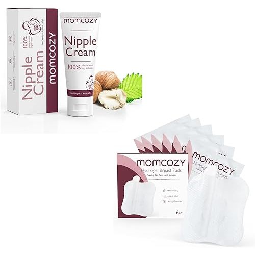 Momcozy 100% Natural Nipple Cream & Hydrogel Nipple Pads for Sore, Cracked Nipples