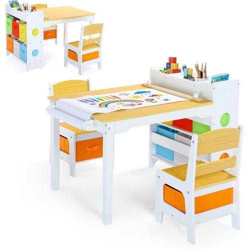 Kinder King Kids Table and Chair Set with Storage, Toddler Activity Table, 393.8*17.8 Inch Paper Roll, Natural