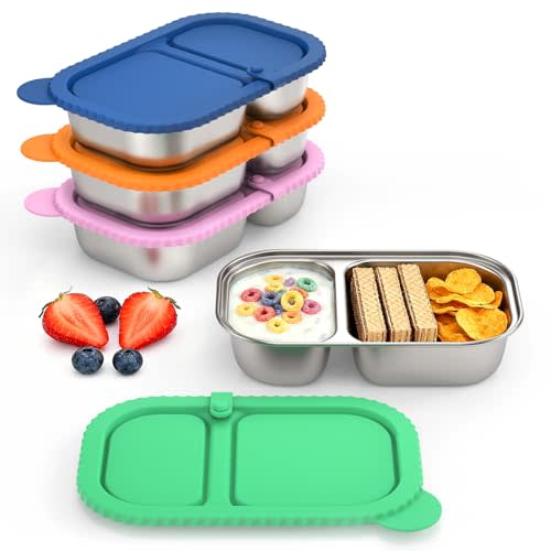 LZC LADYS GIFT 4 Pack Stainless Reusable Steel Snack Containers, Capacity Upgrade 2 Compartment Snack Containers with Lids, Reusable Food Storage Containers with Lids for Travel, Outdoor, Camping