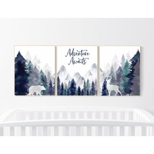 Nursery decor woodland, mountain wall art, tree nursery decor, forest nursery, navy teal, adventure awaits Nature Theme, Boy Nursery Decor