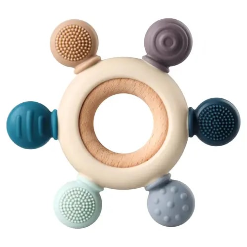 Baby Teething Toys, Silicone Chewable Teethers with Wooden Ring for Soothing Babies Gums, Rudder Chewers Shower Gift for lnfants & Toddlers, 3+ Months (6 Directions, Gray)