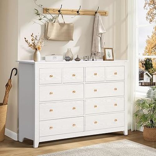 MAGIC UNION Dresser for Bedroom with 10 Drawers, Modern Chest of Drawers with Gold Knobs, 52 Inch Wooden Long Dresser, Storage Organizer Cabinet for Closet, Living Room, Hallway (White)