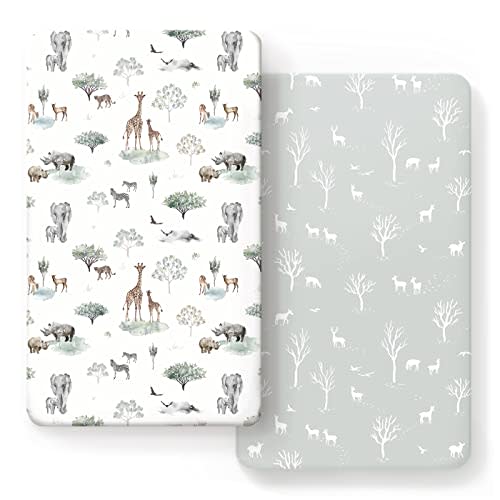 GRSSDER Stretch Ultra Soft Jersey Knit Fitted Crib Sheets Set 2 Pack,Fit All Standard Crib Mattress Pads Safe and Snug, Crib Fitted Sheet for Boys and Girls, Pretty African Savannah Animals Pattern