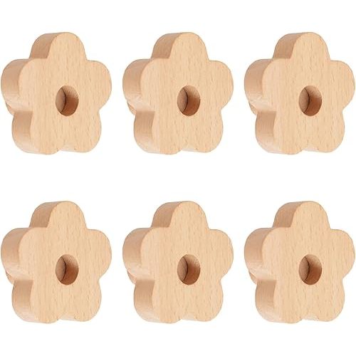 Flower Shaped Wooden Knobs,6pcs Natural Handmade Wood Knob Single Hole Beech Wood Handles for Drawer Wardrobe Cabinet Dresser with Screws& Expansion Tube