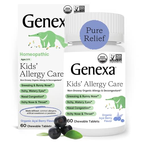 Genexa Kids' Allergy Care | Non-Drowsy, Homeopathic Decongestant & Allergy Medicine Relief for Children | Delicious Organic Acai Berry Flavor | 60 Chewable Tablets