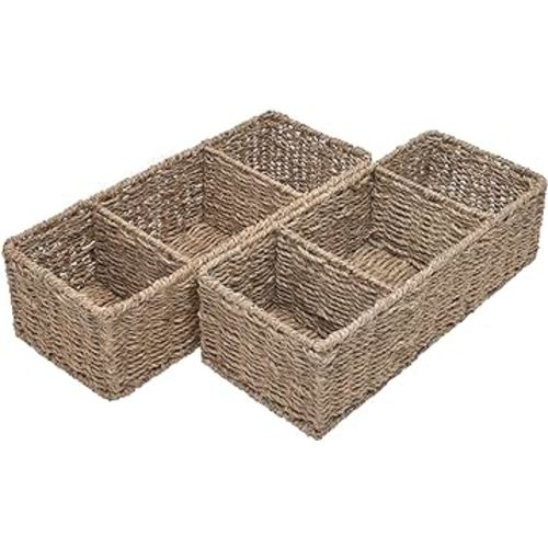 StorageWorks Wicker Toilet Basket Tank Topper, Toilet Paper Basket for Back of Toilet Tank Top, 3-Section Seagrass Storage Baskets for Shelves, 2-Pack