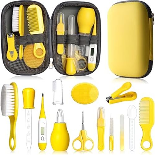 Baby Grooming Kit, Infant Safety Care Set with Hair Brush Comb Nail Clipper Nasal Aspirator,Baby Essentials Kit for Newborn Girls Boys (Yellow)