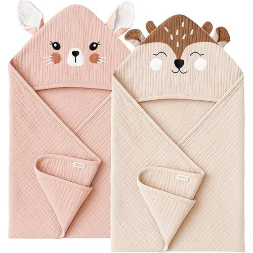 Konssy 2-Pack Muslin Baby Hooded Towels, Soft Cotton and Absorbent Baby Bath Towels for Newborn, Infant & Toddler with Animal Hooded Design (Bunny & Deer)