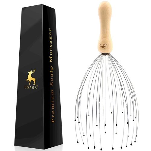 USAGA 32 Fingers Head Massager, Head Scratcher Scalp Massager for Scalp Body Relaxing Wood Handle (1 Pack)