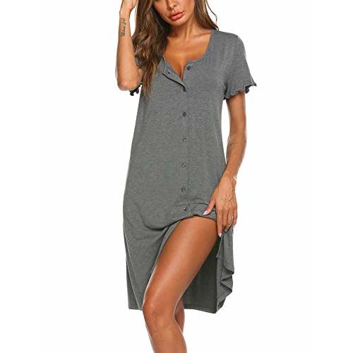 Ekouaer Women's Nightshirt Short Sleeve Button Down Nightgown V-Neck Sleepwear Pajama Dress