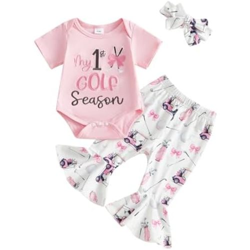 Infant Baby Girl Golf Outfit Short Sleeve Letters Romper Tops and Bell Bottoms Pants Summer Clothes Sets 3Pcs
