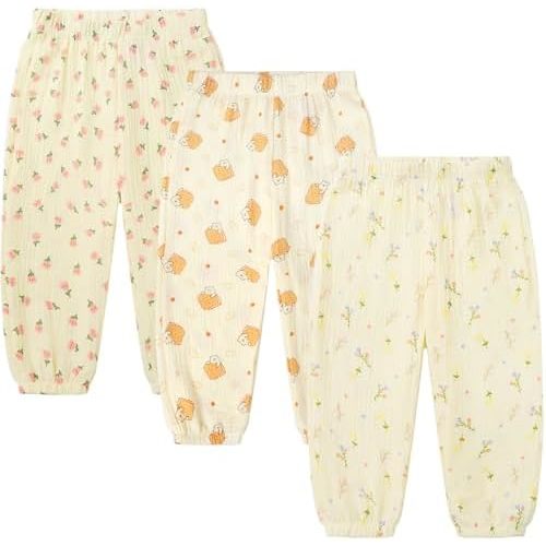 GFQLONG Toddler Baby Girls 3 Pack Elastic Waist Pants Soft Cotton Linen Harem Bloomers Summer Fall Long Pants