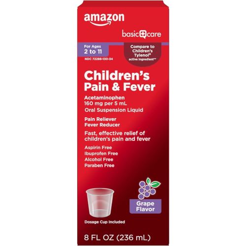 Amazon Basic Care Children's Pain and Fever, Acetaminophen 160 mg per 5 mL Oral Suspension, Grape Flavor, 8 fl oz