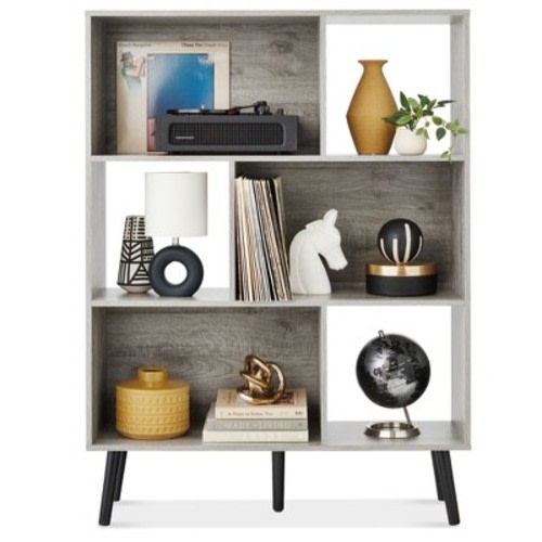 Best Choice Products 3-Tier Mid-Century Modern Wooden Bookcase w/ Removable Back Panels, Offset Pine Legs - Gray