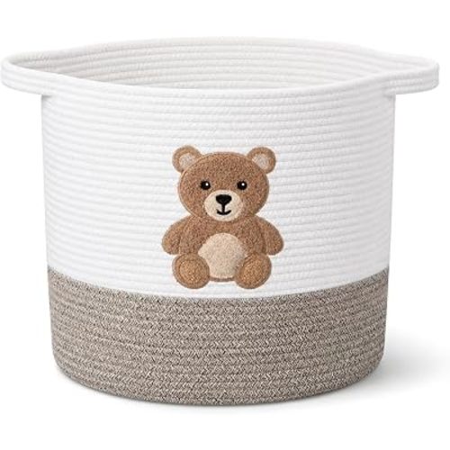 LemonRoad Bear Basket 14"x14", Large Woven Cotton Rope Hamper Nursery