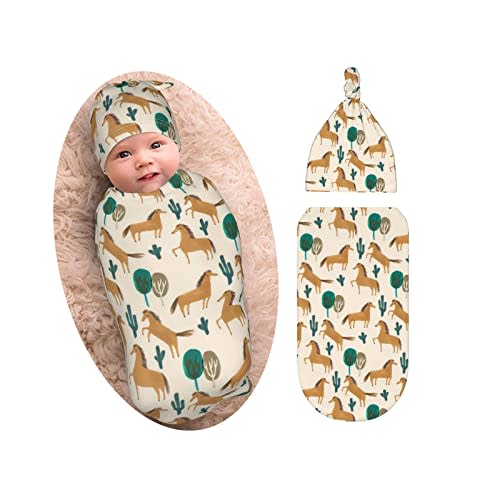Cute Horse Baby Stuff Newborn Swaddle Blanket with Beanie Set, Soft and Stretchy Baby Blanket Swaddle Wrap Sack for Boy and Girl