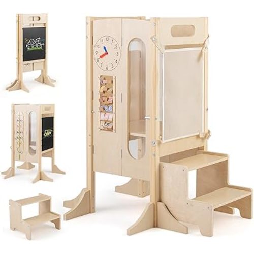 Costzon Toddler Step Stool, Foldable Standing Tower with Built-in Chalkboard & Detachable Safety Net, Montessori Games, Anti-tip Feet, Wooden Kitchen Kids Helper for Boys & Girls Aged 3+ Years Old