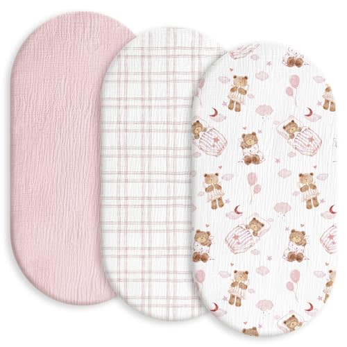 Gllquen Baby Muslin Bassinet Sheets 3 Pack, Breathable Elastic Cozy Fitted Cotton Bassinet Mattress Sheet for Baby Boy Girls, Fit for Hourglass Oval Rectangular Cradle Pad Sheets 33"x17" (Bear Dream)