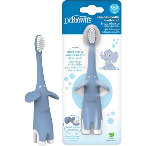 Dr. Brown's Infant-to-Toddler Training Toothbrush, Soft for Baby's First Teeth, Blue Elephant, 0-3 Years
