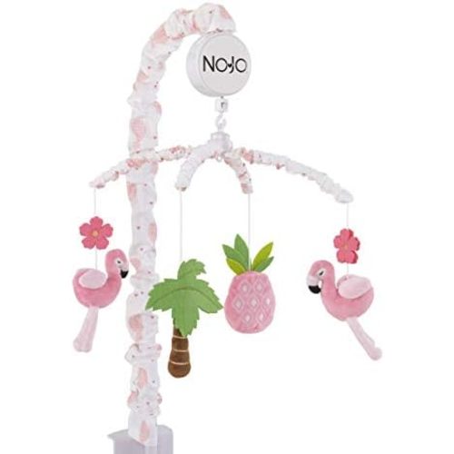 Nojo Tropical Flamingo Nursery Crib Musical Mobile With Plush Pink Flamingos, Flowers, Palm Tree & Pineapple, Pink, White, Green