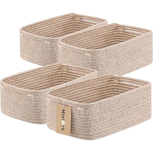 Small Storage Baskets for Organizing | Closet Organizer Bins | Shelf Toy Basket | Woven Rope Baskets | Cube Decorative Box | Shallow Basket | 13x8.5x5.1” | 4 Packs Mixed Brown