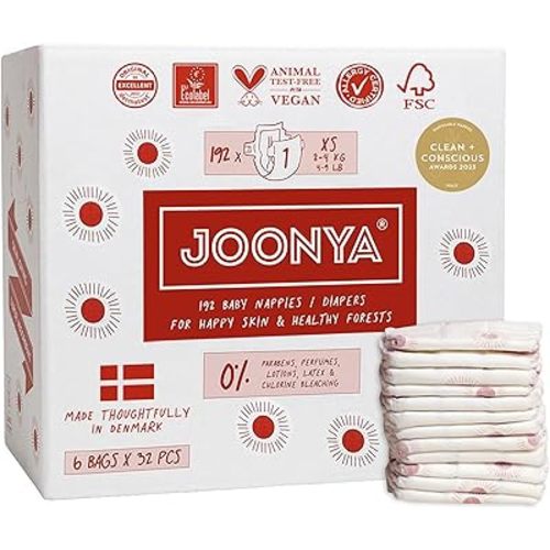 Joonya Baby Diapers, Size 1 XS (4-9 lb) - 6 Bags of 32 (192) - Non Toxic, Eco-Friendly, High Absorbency, Overnight Use, Ultra Slim & Soft - Made in Denmark